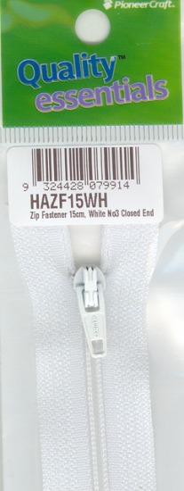 Zip Fastener 15cm, White No3 Closed End
